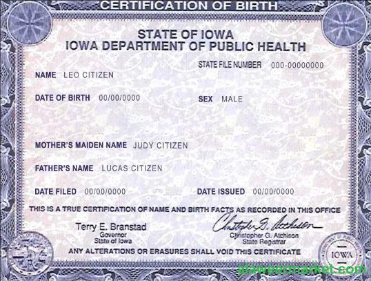 USA Iowa state birth certificate template in PSD format